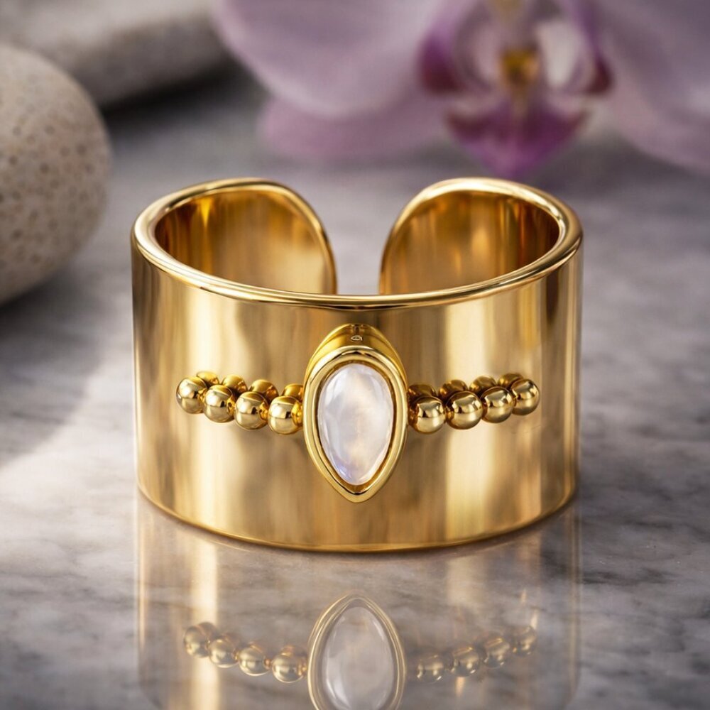 Boho Chic Wide Cigar Band Ring 18K Gold Plated Stainless Steel Natural Shell